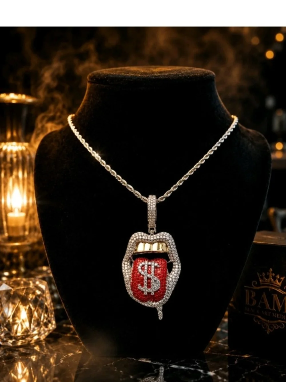Iced Out Red Pavé Tongue Pendant Necklace with Silver and Gold Accents